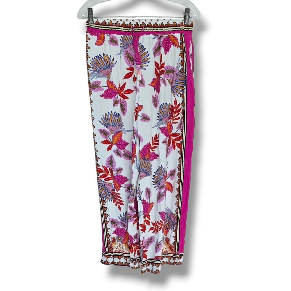 Haute Hippie 100% Rayon Pink White Tropical Floral Wide Leg Pant XS Coastal Boho - Picture 2 of 12